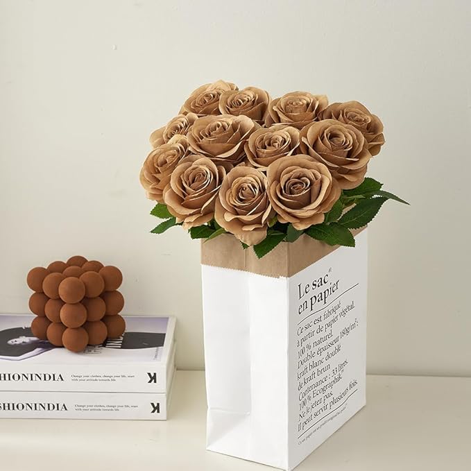 12pcs Coffee Roses Artificial Flowers Fake Roses Silk Flowers Roses with Long Stems for Wedding Home Party Centerpieces Decorations