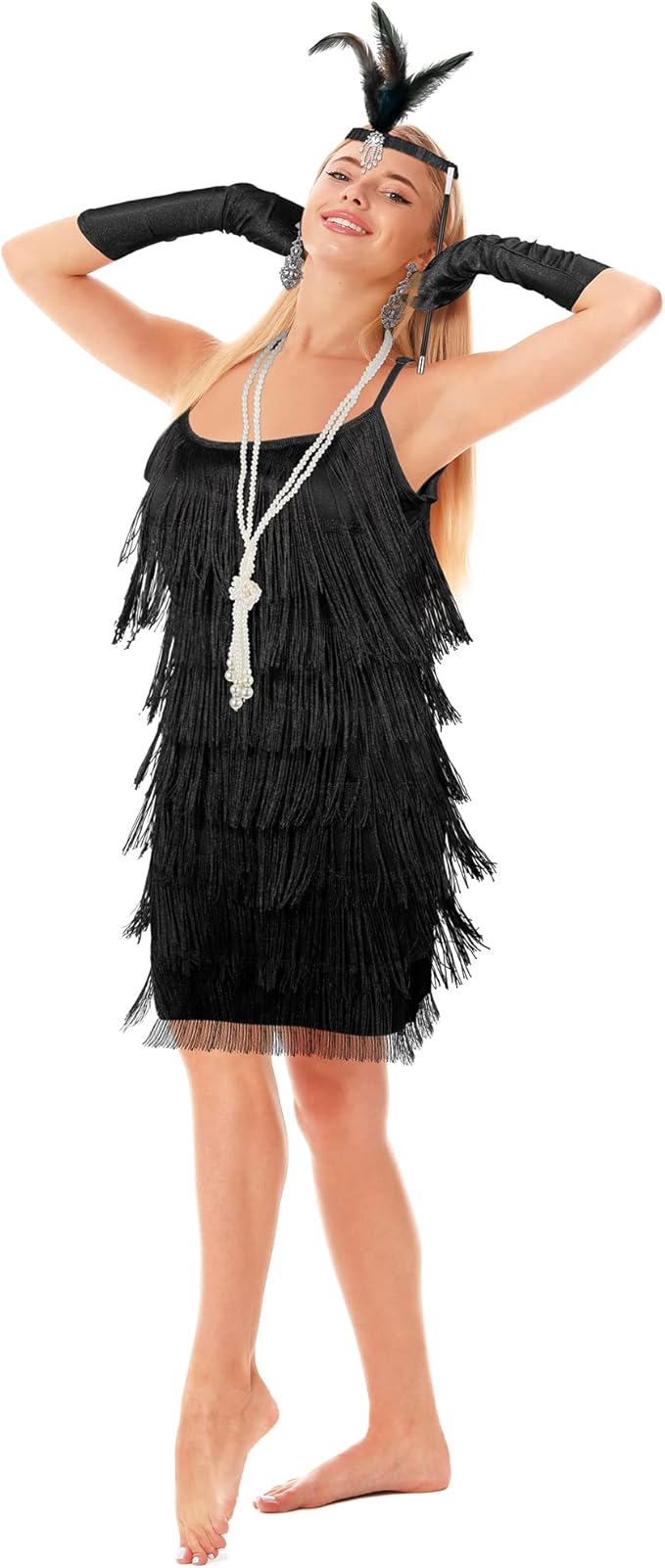 Zhanmai 6 Pcs Flapper Dress Flapper Costumes for Women 1920s Accessories Set Headband Pearl Necklace Earrings Gloves Stick