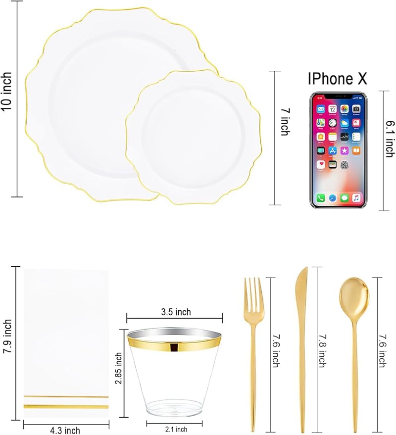 WDF 175Pcs Gold Plates Disposable - White and Gold Plastic Plates 25guest Plastic Dinnerware Ideal for Party/Wedding/Banquets/Thanksgiving