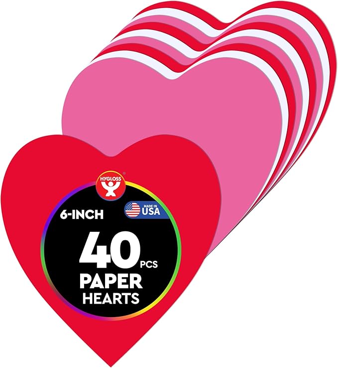 Hygloss Heart Shape Paper Cut-Outs for Arts & Crafts-Many Creative Uses-Valentine’s Day Activities-6 Inches-40 Pcs, Red, Pink & White