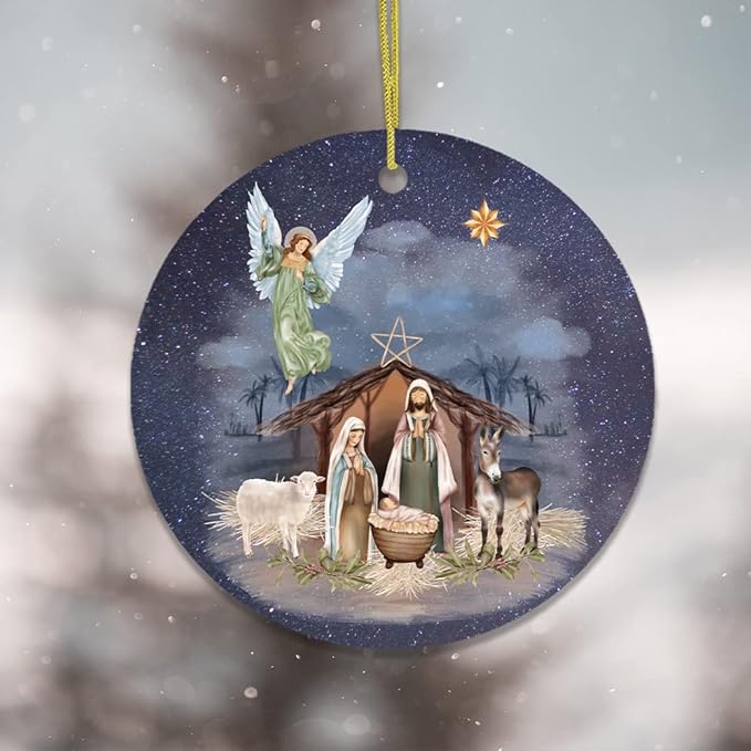 Religious Themed Christmas Ornaments, Nativity and Jesus Christ Decorations - Jesus and Mary Nativity Night Art Illustration Christmas Ornament