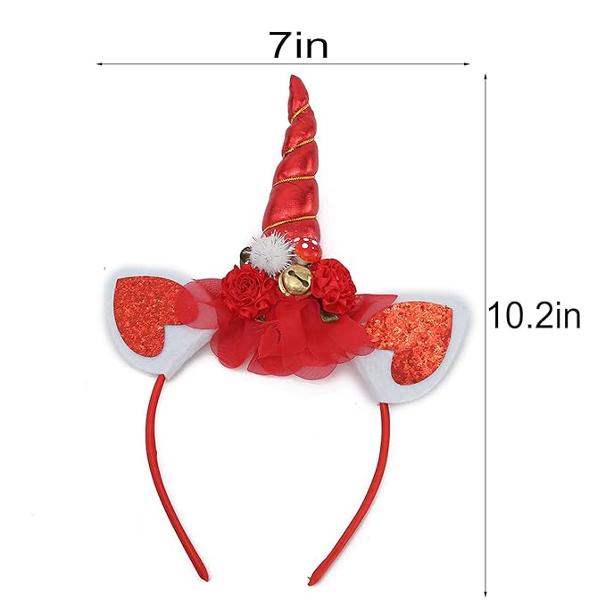 Christmas Unicorn Headband for Women - Festive Red Glitter Unicorn Ear Hairband, Cute Holiday Party Headwear for Xmas, New Year, Costume, Photo Props, Family Accessories