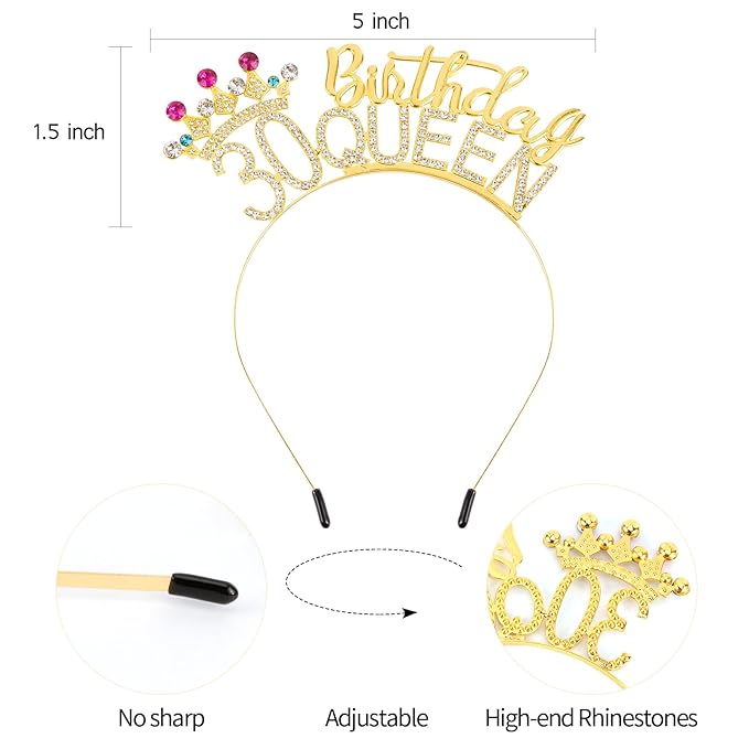 VELSCRUN 30th Birthday Queen Headband, Tiara Crown for Women, 30th Birthday Decorations for Her, Birth Queen Tiaras Crowns Sash for Women Mom Birth Party Decoration Hair Accessories Golden Yellow