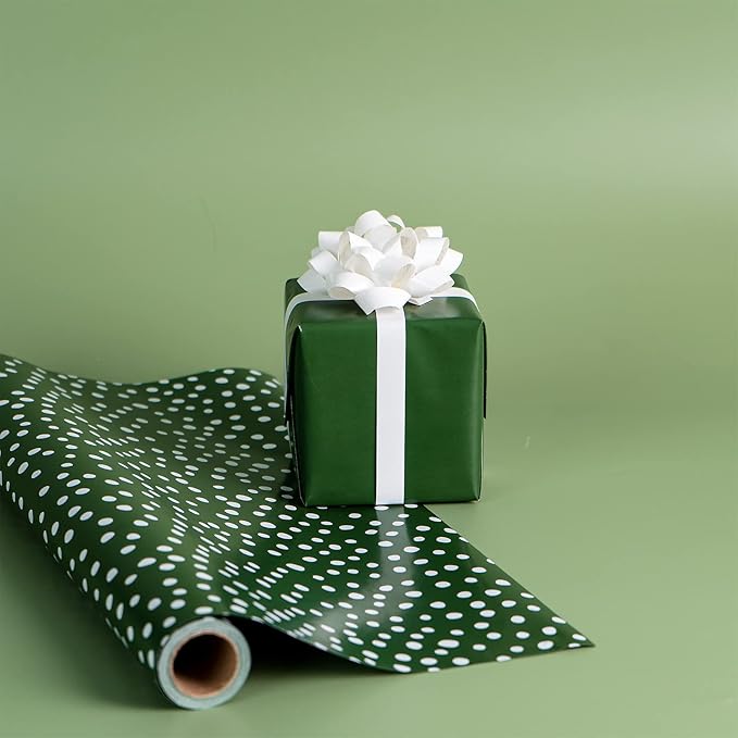 WRAPAHOLIC Reversible Wrapping Paper - Mini Roll - 17 Inch X 33 Feet - Dark Green and Delicate Polka Dots Design for Birthday, Holiday, Wedding, Baby Shower