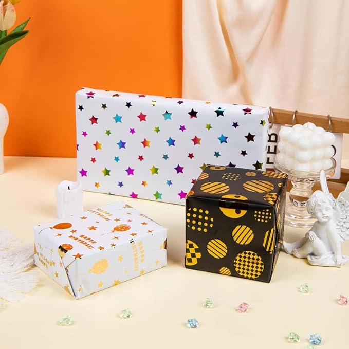 Linnoptimix Birthday Wrapping Paper Rolls -3 LARGE ROLL-27inch*78 inch per roll Colorful Foil wrapping paper (Birthday 1 White/Gold&1 Black/Gold &1White/Colorful Foil(012))