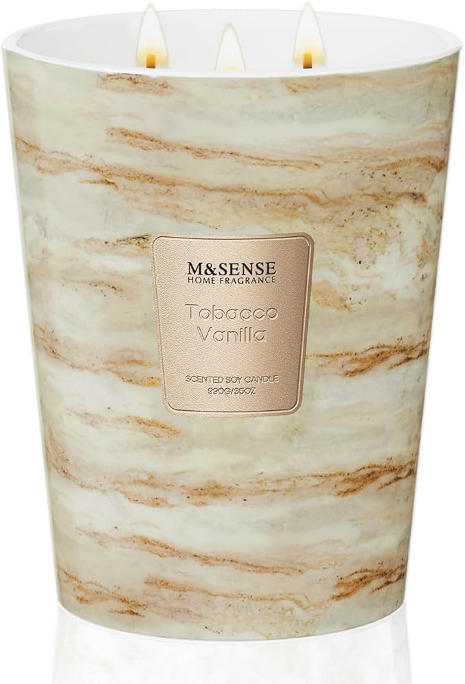 M&SENSE Extra Large Candle 35oz 150H TobaccoVanilla Scented, 3 Wick Highly Scented Jar Candles, XL Large Christmas Gift Candle for Women, Long Lasting Burning for Holiday, Thanksgiving, Christmas