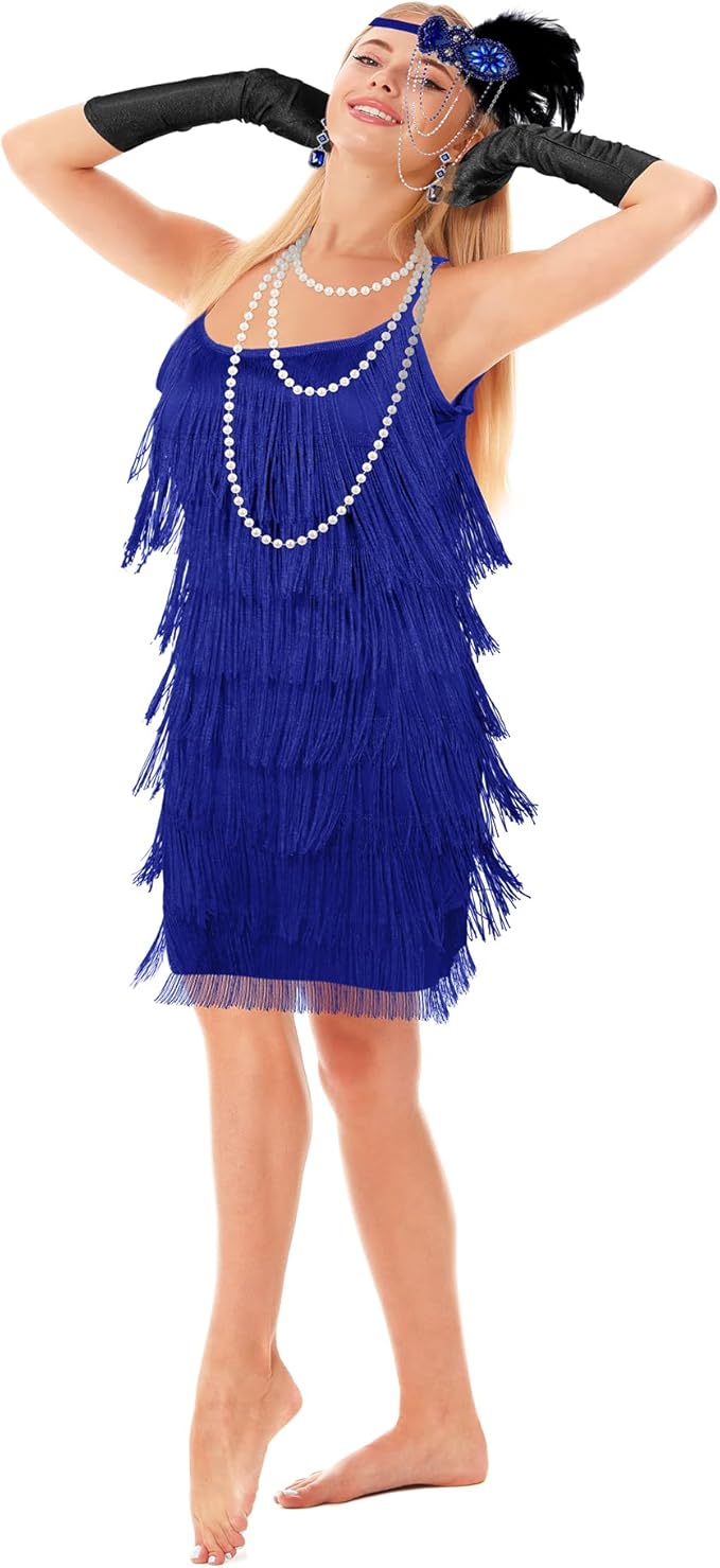 Zhanmai 6 Pcs Flapper Dress Flapper Costumes for Women 1920s Accessories Set Headband Pearl Necklace Earrings Gloves Stick