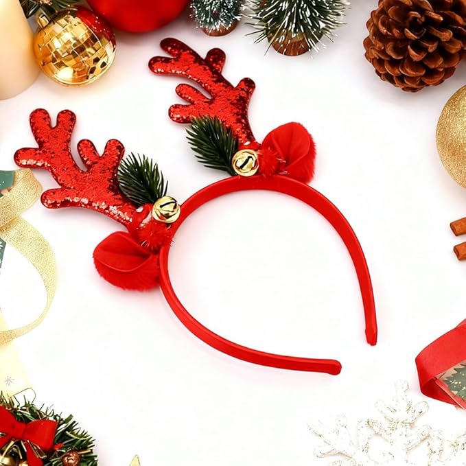 TODDER Red Christmas Headband, Reindeer Antlers Ears Headband for Adults and Kids, Christmas Hair Accessories Deer Antlers Costumes for Themed Parties and Cosplay