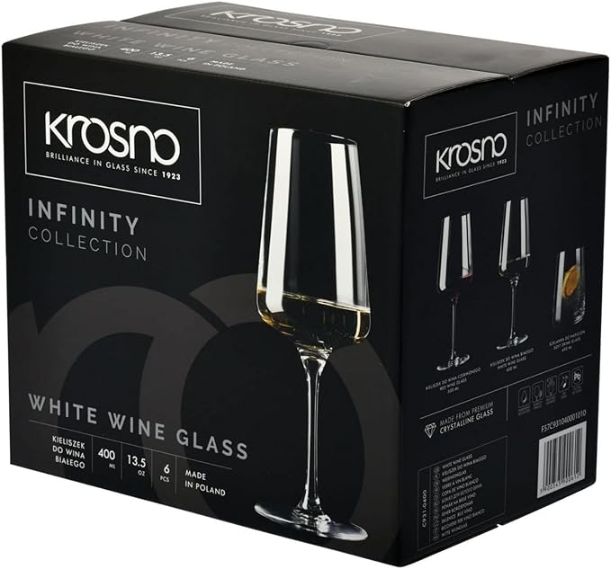 Krosno White and Sparkling Wine Glasses, 6 piece set, 13.52 oz, Infinity Collection, Elegant, Crystal Glass, Lead-free Glass, Dishwasher Safe, Made in Europe