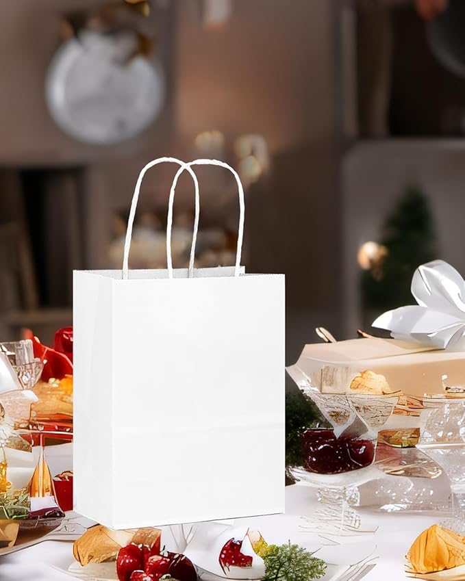 qiqee 26-Packs White Gift Bags with Handles Bulk 8.3"x3"x 6" Small Size Paper Bags Multiple Uses (Small Size)
