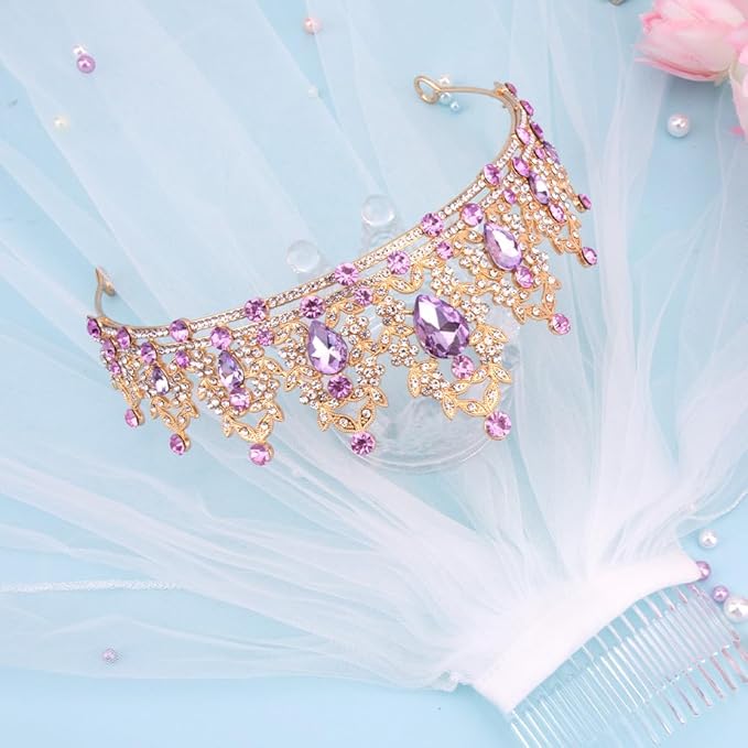 Gold Tiara and Wedding Veil Set - Purple Crown Headband for Bride - Princess Tiara for Women's Wedding, Birthday Party, Anniversary, Bachelorette