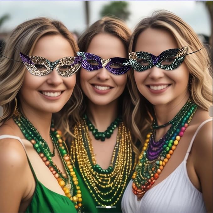 Funny Party Hats Mardi Gras Face Mask & Beads - Mardi Gras Mask Bulk - Masquerade Masks - Venetian Mask - Mardi Gras Necklaces - Mardi Gras Costumes
