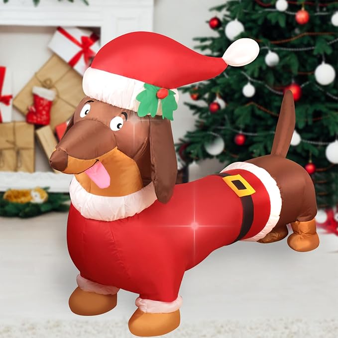 Christmas Inflatable Snowman/Nutcracker/Santa Claus Lighted Blow Up Christmas Yard Decoration with Built in Fan and Anchor Ropes (Weiner Dog)