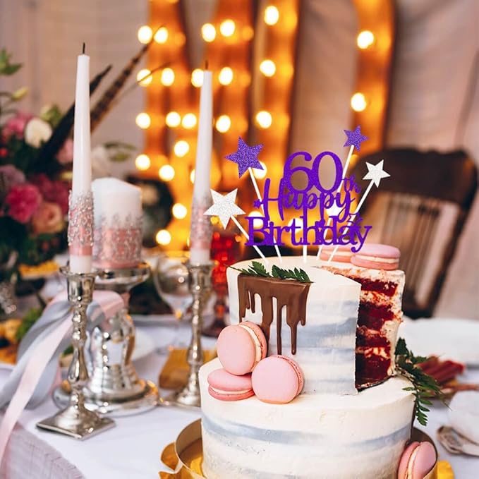 Glittery 60th Happy Birthday Cake Topper with Star,Personalised 60 Birthday Cake Toppers Party Decorations Party Supplies for Men Women Purple Silver
