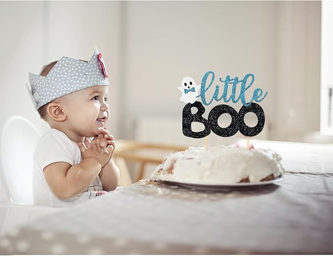 Halloween Little Boo Cake Topper - Happy Boo Day Ghost Cake Picks for Blue Boy Baby Shower Birthday Party Supplies (Little-Blue)