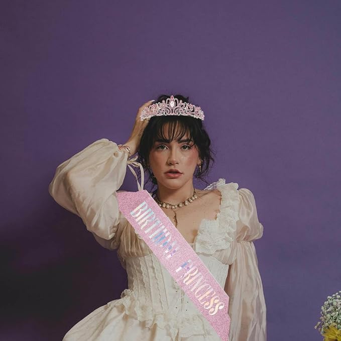 Birthday Queen Tiara & Sash for Women Girls, Rhinestone Headband Princess Crown with comb Happy Birthday Party Decorations Favors Supplies (Pink)