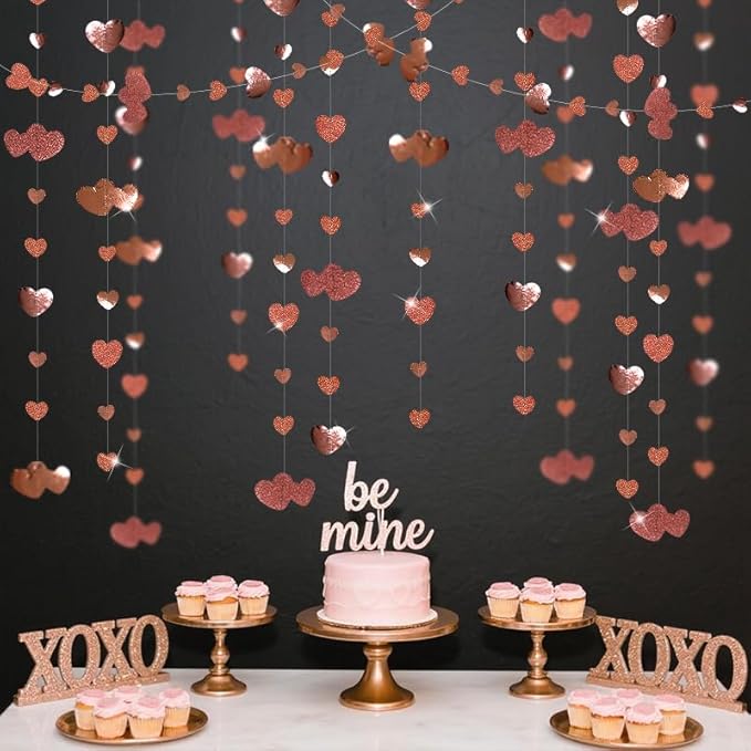 Valentines Day Party Decorations Rose Gold Heart Garland Hanging Paper Love Heart Streamer Banner for Anniversary Mothers Day Bachelorette Engagement Wedding Bridal Shower Birthday Hen Party Supplies