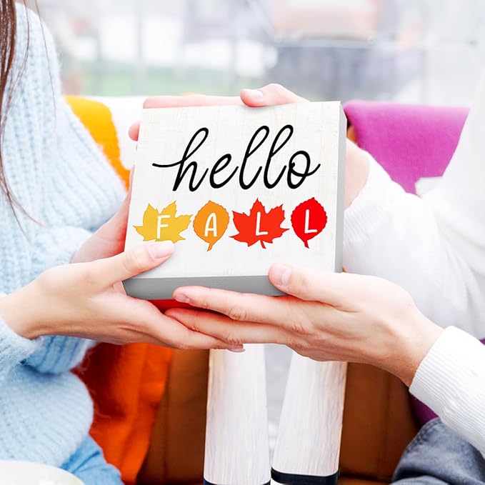Hello Fall Wood Box Sign Funny Autumn Maple Leaves Wooden Block Desk Decor for Home Office Kitchen Cubicle Table Shelf Tabletop,Farmhouse Fall Sign Decor