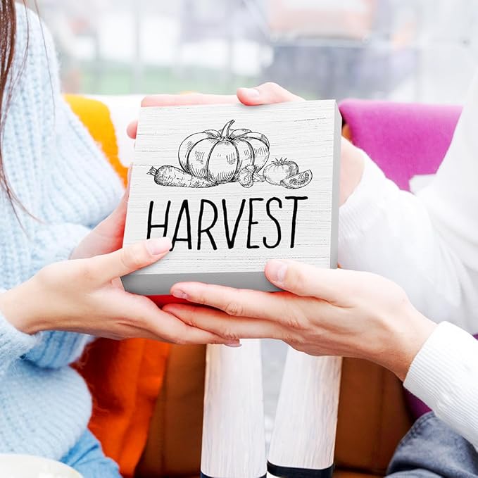 Funny Autumn Wood Box Sign Pumpkins Harvest Wooden Block Desk Decor for Home Office Kitchen Cubicle Table Shelf Tabletop,Farmhouse Fall Sign Decor