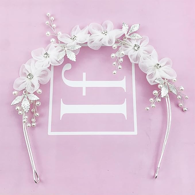 1PCS Tulle Flower Headband, Flower Girl Headpiece, Bridal Pearl Headband Women Pearl Flowers Crowns for Wedding and Birthday(White)