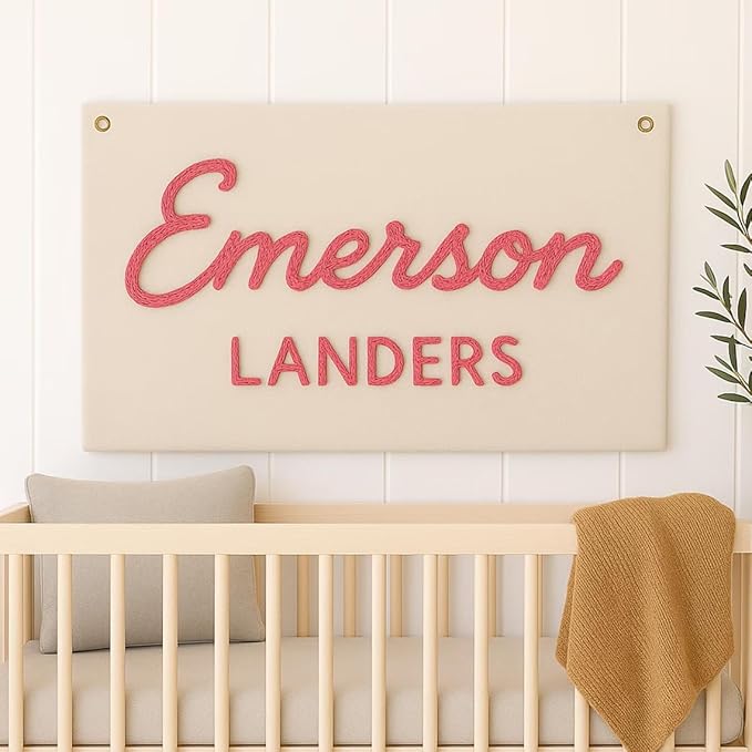 Personalized Baby Name Embroidered Banner, Custom Hand Embroidered Canvas Wall Hanging, Customized Nursery Name Sign Flag Pennant for Kids Room Baby Shower Birthday Party Gift Backdrop Boho Decor