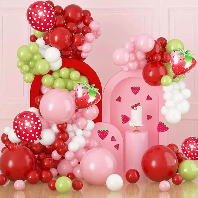 Strawberry Balloons Garland Arch Kit, 156Pcs Berry Sweet Tender Pink Red Dark Green White Balloons for Fruit Themed Birthday Party Baby Shower Decorations