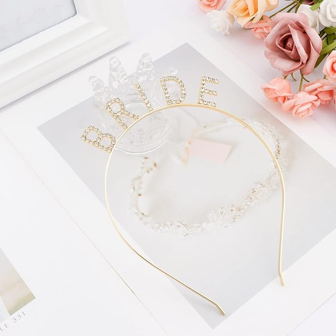 Bride Tiara & Headband - Bachelorette Party & Bridal Shower Favors - Rhinestone Wedding Bridal Hair Accessories - Gold