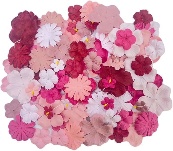 Handmade100 Pcs Mixed Flowers 18 mm - 2 Inch Mulberry Paper Flowers Scrapbooking Wedding DIY Craft Supplies Card (Pink Tone)
