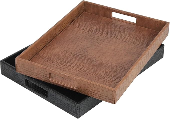 HofferRuffer Rectangle Serving Tray with Hole Handles for Coffee Table, Breakfast, Tea, Food, Butler - Countertop, Kitchen, Vanity Serve Tray, 16.2 x 12.2 x 2 inches, Faux Leather (Black Croco)