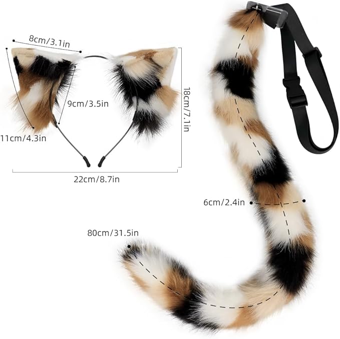 QinRuan Animal Cosplay Costume Accessories Furry Faux Fur Cat Ears Headband and Fox Tail Set Halloween Accessory