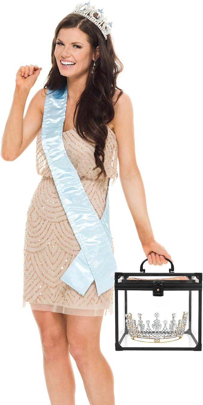 9inches Wide Pageant Crown Box Tiara Carrying Case Extra Large with Sash Holder Clear Acrylic Display Case,Toiletry and Cosmetic Organizer (Black, 230 * 230 * 200mm)