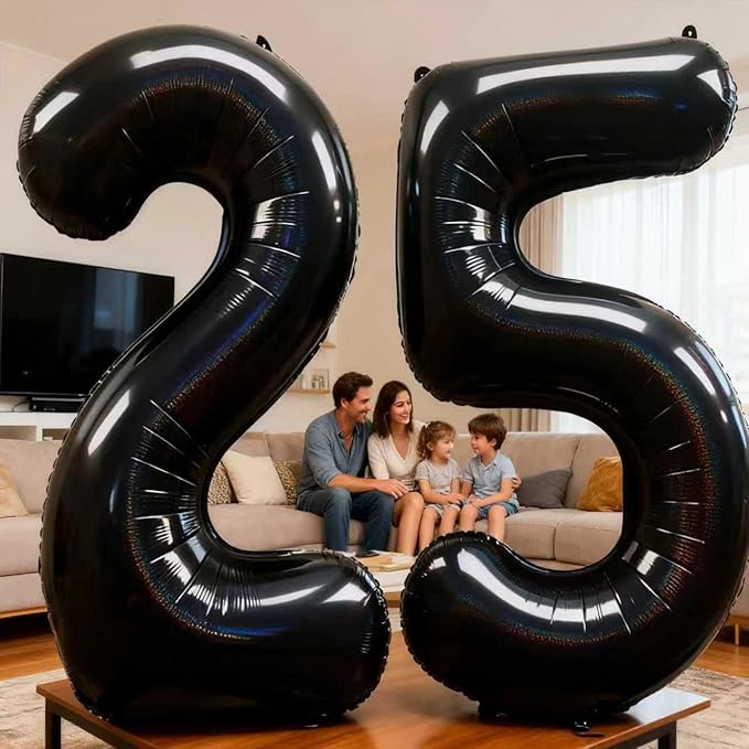 Laser Black Number 25 Balloons 40 Inch Giant Number Black 25 Foil Mylar Balloons for 25th Birthday Anniversary Events Party Decorations