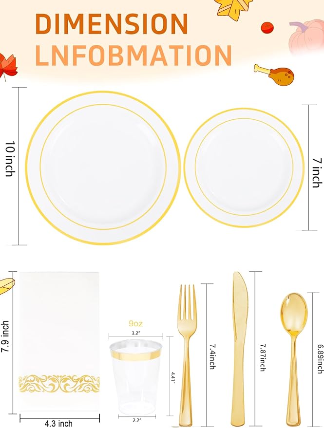 WDF 175PCS White and Gold Plastic Plates - Gold Plates Disposable - 25 Guest Thanksgiving Disposable Dinnerware Sets Include 50 Plate, 25 Cutlery, 25 Napkins and 25 Cups for Party/Thanksgiving/Wedding