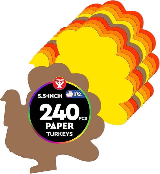 Hygloss Turkey Shape Paper Cut-Outs for Arts & Crafts-Many Creative Uses-Thanksgiving Activities Fall 5.5 Inches-240 Pcs, Assorted Colors