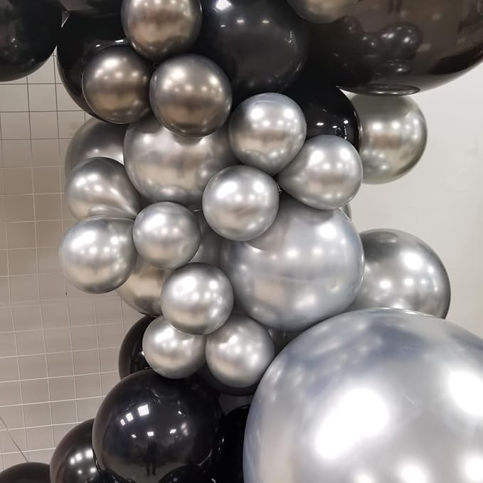 Black and Silver Balloons Garland Arch Kit, 135 Pcs Latex Balloon Different Sizes for Graduation Birthday Anniversary New Year Party Decors