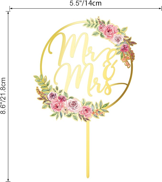Mr & Mrs Cake Topper Gold Acrylic Wedding Cake Topper Floral Cake Decoration (Design 01)