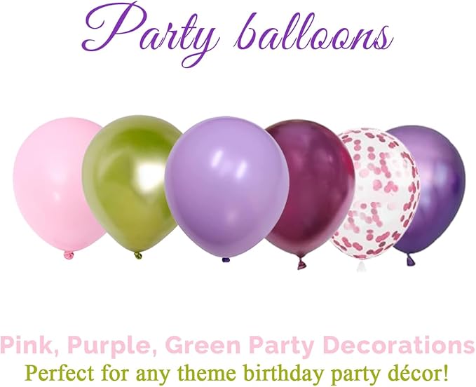 Light Pink Purple Green Balloons Birthday Party Decorations-48Pcs 12inch Assorted Metallic Hot Pink Purple Balloon,Confetti Latex Baloons Kit for Princess Witch Fairy Monster Garden Jungle Theme Party