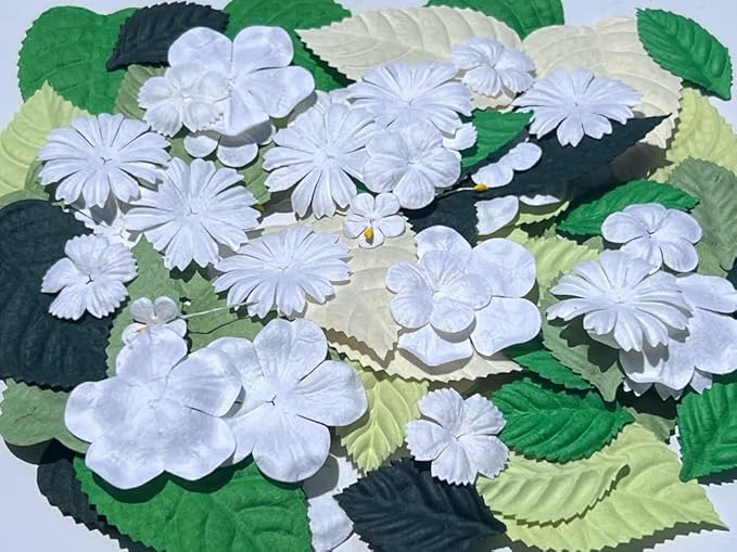 100 Pcs Handmade Mixed Mulberry Paper Flowers Petals and Leaves Scrapbooking Wedding DIY Craft Supplies Card (White Colors Flowers/Green Tone Leaves)