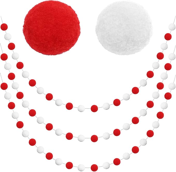 Jishi 3Pk Red Felt Berry Pom Pom Ball Garland Christmas Decorations Indoor Home Decor, Cute Red Berry Christmas Tree Ornaments, String of Pompom Bead Garland Hanging Xmas Holiday Birthday Party Banner
