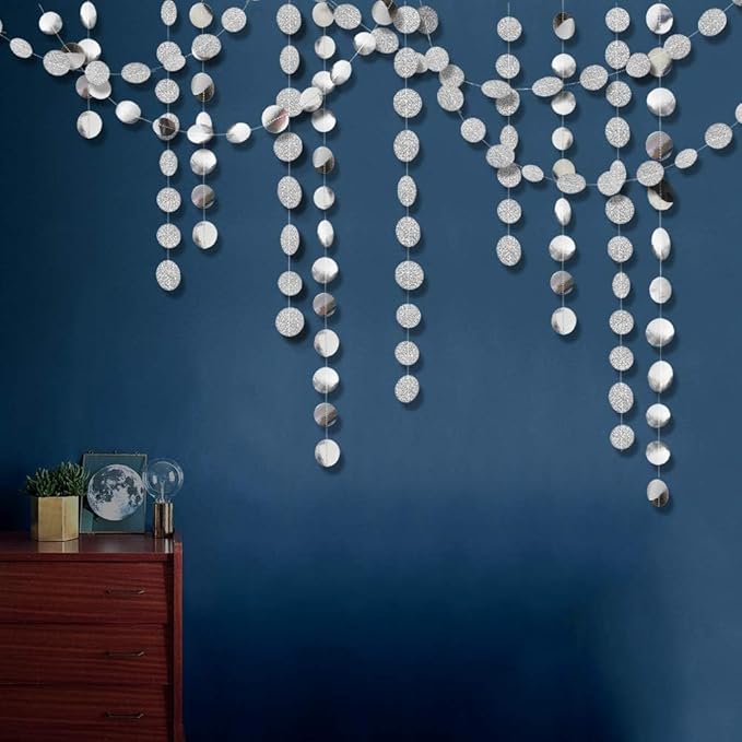 Cheerland Silver Party Decorations Circle Garlands Silver Birthday Decorations Banner Hanging Streamer Backdrop Decor Bday Bridal Bachelorette EID Graduation Christmas NYE New Year Eve Party Supplies