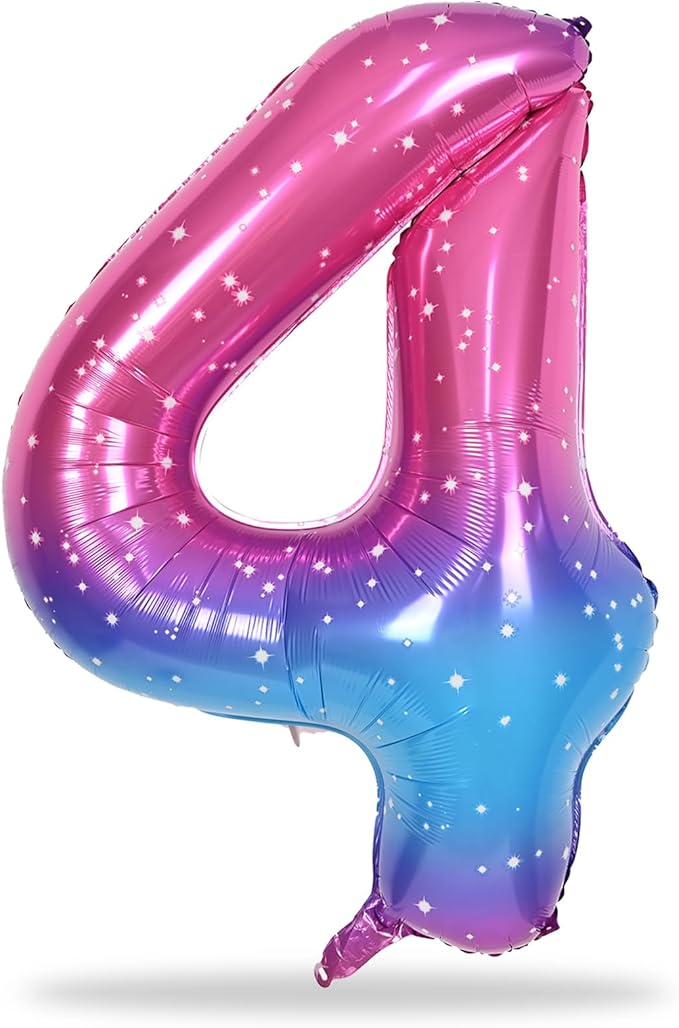 Gradient Rainbow 4 Balloons, 40 Inch Large Blue Pink Purple Foil Number Balloons Set 0-9, Self Inflating Starry Digital 4 Helium Balloon for Girls Women Birthday Anniversary Party Decorations Supplies