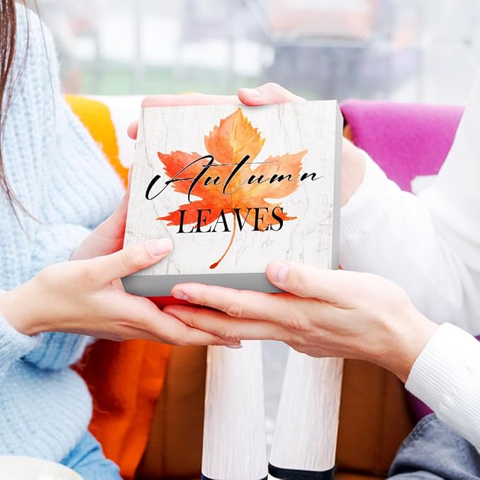 Funny Autumn Maple Leaves Wood Box Sign Autumn Leaves Wooden Block Desk Decor for Home Office Kitchen Cubicle Table Shelf Tabletop,Farmhouse Fall Sign Decor