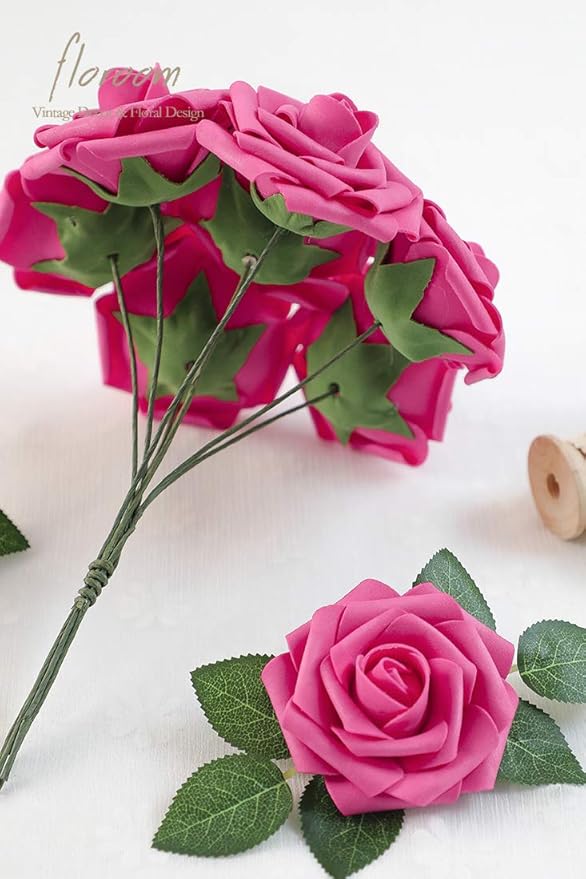 Floroom Artificial Flowers 25pcs Real Looking Hot Pink Foam Fake Roses with Stems for DIY Wedding Bouquets Bridal Shower Centerpieces Floral Arrangements Party Tables Home Decorations