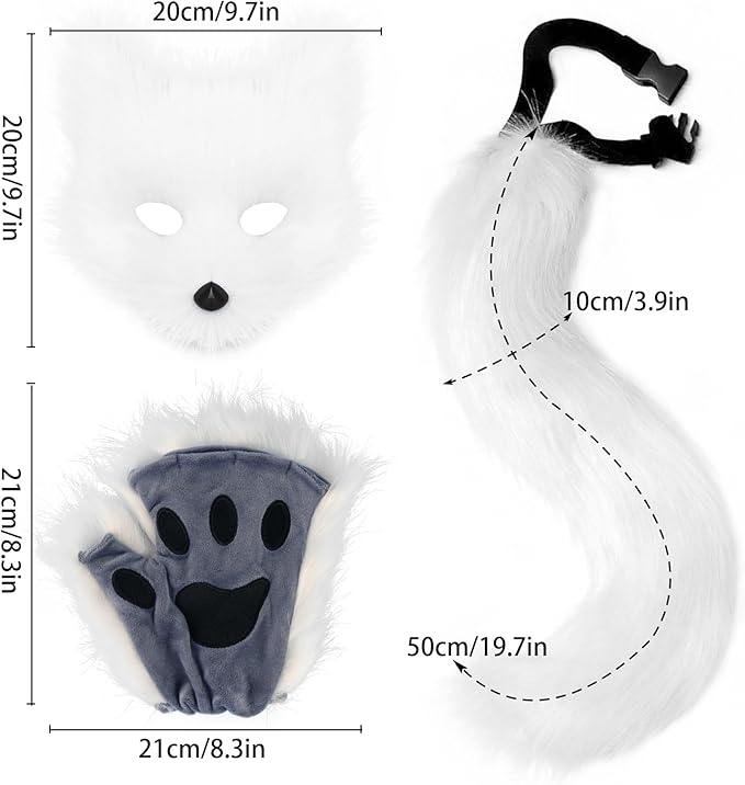 Adolala Faux Fur Fox Tail Cat Wolf Set Plush Mask Fluffy Paw Gloves Halloween Christmas Party for Women