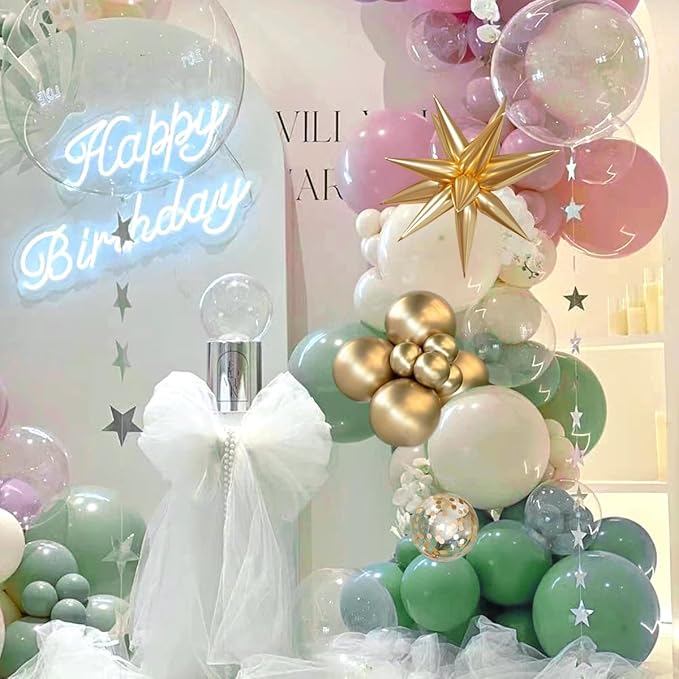 Sage Green Pink and Gold Balloon Arch Kit, 156Pcs Blush Pastel Pink and Green Garland with White Sand Metalic Gold 4D Star Balloons for Boho Girls Woodland Baby Shower Wedding Birthday
