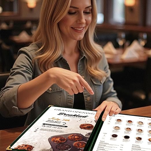 Goodsmart Restaurant Menu Covers – 25 Pack Green 8-View Booklet 8.5" x 14", Side-Loading Vinyl & Plastic Menu Holders, Clear Menu Sleeves, Leather-Style Café Covers with Gold Corners