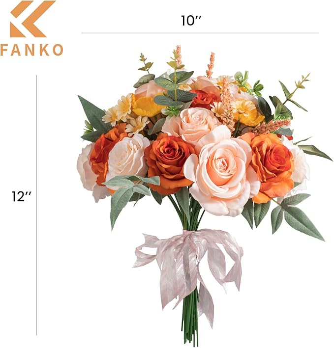FANKO Rose Artificial Flowers Combo for DIY, Fake Orange Rose Silk Flowers Greenery, Faux Flowers for Wedding Bridal Bouquet, Baby Shower, Table Centerpieces, Floral Arrangement, Party Home Decoration