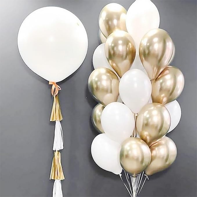 White and Gold Balloons, 12 Inch White Sand Gold Metallic Latex Balloons, Beige Gold Party Balloons for Boho Birthday Baby Shower Engagement Wedding Anniversary Party Decorations