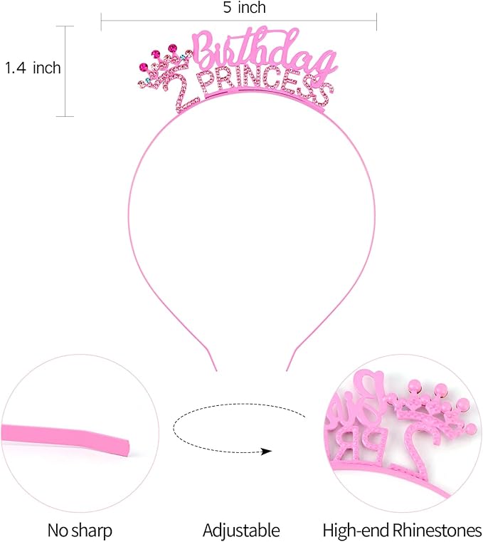VELSCRUN 2nd 3rd 4-9th Birthday Princess Headband Pink Tiara Crown for Girls It's My Birthday Sash Party Decorations Gifts