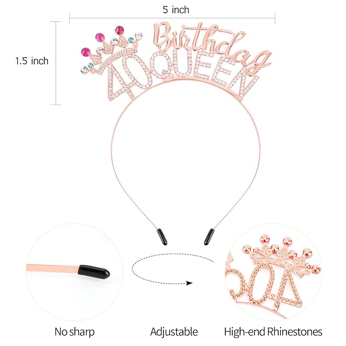 VELSCRUN 40th Birthday Queen Headband, Tiara Crown for Women, 40th Birthday Decorations for Her, Birth Queen Tiaras Crowns Sash for Women Mom Birth Party Decoration Hair Accessories Rose Gold